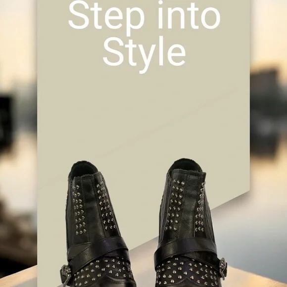 Ankle Boots Women Black Leather Bull Studded Skull Buckle Silver Block Heel Sz 8 - Picture 6 of 6